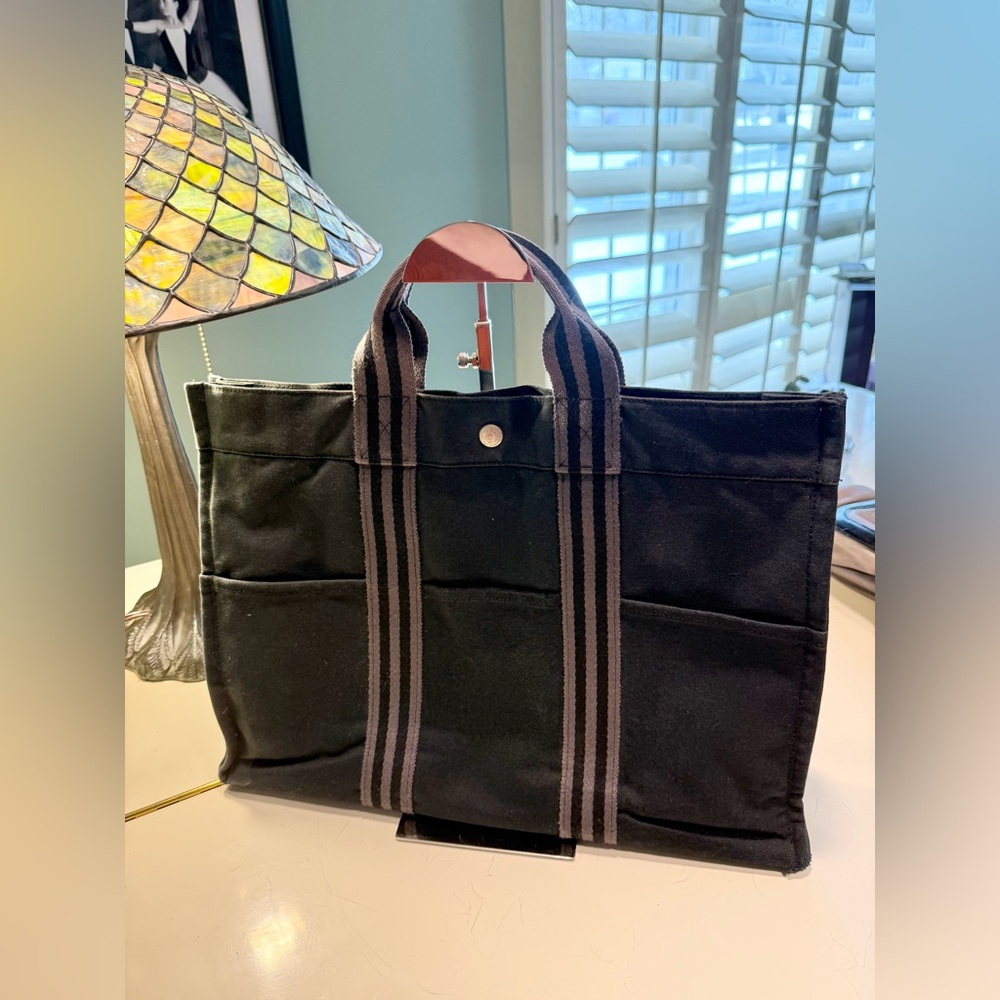 Hermes Authentic Large Size Navy Canvas Tote GUC - Picture 2 of 13